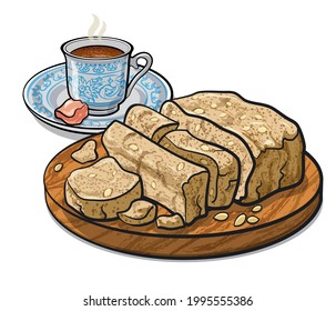 illustration of the halvah with seeds and traditional turkish coffee