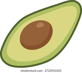 Ilustración de un aguacate cortado a la mitad con un hoyo marrón sobre un fondo blanco, en un estilo plano y caricaturesco con tonos verdes y amarillos.