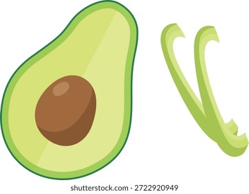 Ilustración de un aguacate cortado a la mitad con hoyo y dos hojas verdes sobre un fondo blanco limpio con una composición simple.