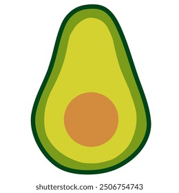 Illustration einer halbierten Avocado mit einem dicken dunkelgrünen Umriss. Das Innere ist mit einem hellgrünen Fruchtfleisch, einer dunkelgrünen Schicht für die Haut und einer großen braunen Grube in der Mitte versehen.