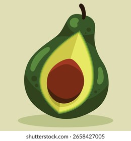 Illustration of a halved avocado with a visible pit, showcasing its green skin and yellow flesh against a light background.