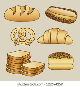 Illustration of hamburger bread, classic bread, croissant, chopped bread, hot dog bread, pretzel. bakery icon, vector illustration