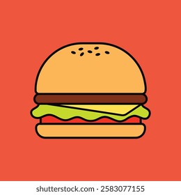 Illustration of a hamburger with cheese, lettuce, and tomato on a red background. Simple hamburger design, featuring classic burger ingredients. Funky vector illustration.