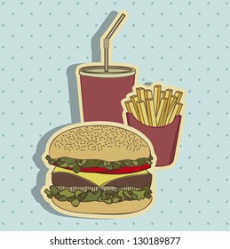 Illustration of hamburger. Combo of fast food in vintage style, vector illustration
