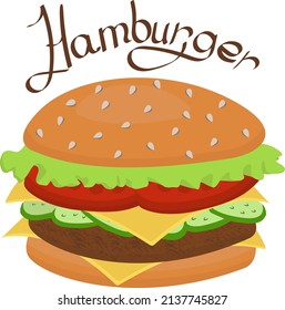 Illustration of a hamburger, fast food, isolated on a white background.Cartoon delicious big burger with cheese and sesame seeds. Vector illustration.