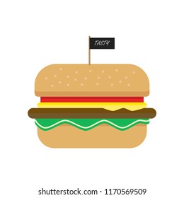 The illustration of a hamburger with a flag on the top said tasty.