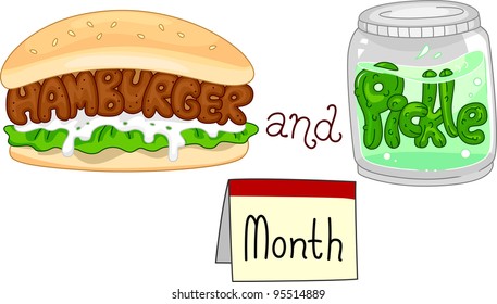 Ilustración de una hamburguesa y una jarra llena de pollitos