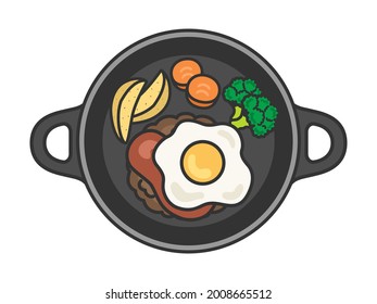 Illustration of a hamburger steak on an iron plate.