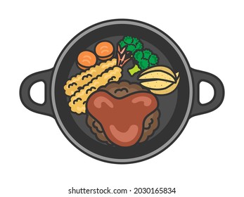 Illustration of hamburger steak on an iron plate.