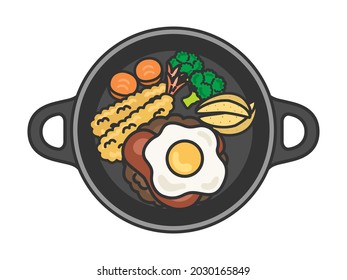 Illustration of hamburger steak on an iron plate.