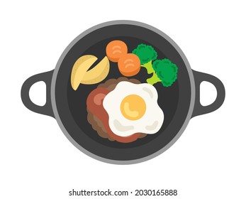 Illustration of a hamburger steak on an iron plate.