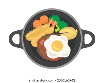 Illustration of hamburger steak on an iron plate.