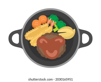 Illustration of hamburger steak on an iron plate.