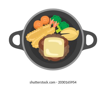 Illustration of hamburger steak on an iron plate.
