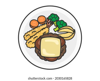 Illustration of a hamburger steak on a plate.