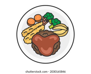 Illustration of a hamburger steak on a plate.