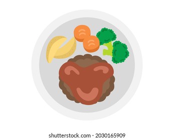 Illustration of a hamburger steak on a plate.