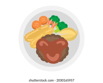 Illustration of a hamburger steak on a plate.