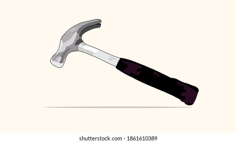 illustration of a hammer with a nail puller, iron handle covered with rubber