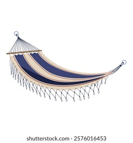 Illustration of a hammock with colorful stripes, which is designed for comfort and relaxation on a warm sunny day. Perfect for hanging in the garden, backyard or on the patio