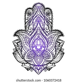 Illustration of Hamsa with boho pattern. Buddhas hand. Vector element for your sketch of tattoo, coloring book, T-shirt print and your design.