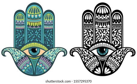 Illustration of Hamsa with boho pattern. Buddhas hand. Vector element for your sketch of tattoo