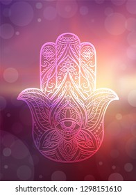 Illustration of Hamsa with boho pattern on blurred sunrise seascape. Buddhas hand. Vector card for your banner, greeting card and your design.  