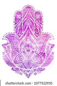 Illustration of Hamsa with boho pattern and pink watercolor background. Buddhas hand. Vector element for your sketch of tattoo, coloring book, T-shirt print and your design.