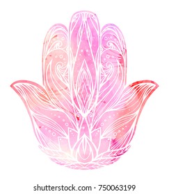 Illustration Hamsa with boho pattern and pink watercolor background. Hand of Buddha. Vector element for tattoos, cards, printing on T-shirts. Tracery hand drawn pattern