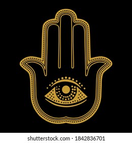 Illustration of a hamsa hand symbol. Hand of Fatima religious. Decorative gold pattern.