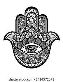 Illustration of a hamsa hand symbol. Hand of Fatima religious. Decorative pattern.