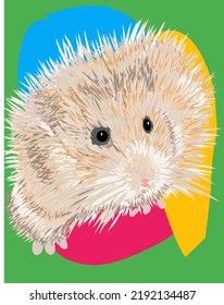 Illustration of a hamster with colorful abstract feathers.