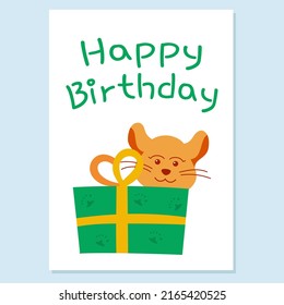 Illustration of a hamster with a gift. Birthday greeting card. Doodle and cartoon style. Vector illustration