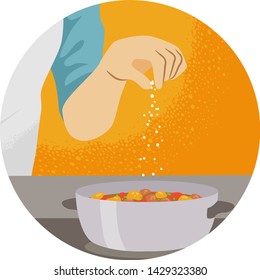 Illustration of a Hand Adding a Pinch of Salt to a Pot of Stew. Pinch