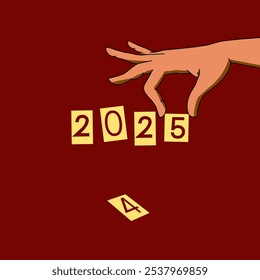 Illustration of a hand adjusting numbers to symbolize the transition into the year 2025. Vibrant and dynamic, capturing the essence of change and a new beginning.