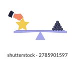 Illustration of Hand Adjusting Quality and Quantity Balance Scale. A professional hand placing a gold star on a seesaw scale mechanism to balance it against a heap of multiple round weights