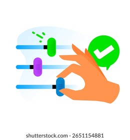 ilustração do controle deslizante de alternância de ajuste manual, marca de seleção. personalização do usuário, ajuste de configurações bem-sucedido, controle personalizado. para IU de aplicativo, interfaces de painel, configurações de privacidade, preferências do usuário