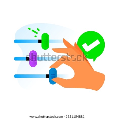 illustration of hand adjusting toggle slider, check mark. user customization, successful settings adjustment, personalized control. for app UI, dashboard interfaces, privacy settings, user preferences