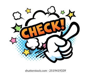 Illustration of a hand in American comic book style glove pointing at something_Check