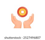 illustration of hand with ancient coins. reward and points concept. earn money, bonus and loyalty incentive program. receive money. finance and profit. symbol or icon. minimalist 3d style design