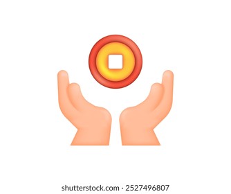 Illustration der Hand mit antiken Münzen. Belohnungs- und Punktekonzept. Geld verdienen, Bonus und Loyalität Incentive-Programm. Geld erhalten. Finanzen und Gewinn. Symbol oder Symbol. minimalistisches 3D-Design