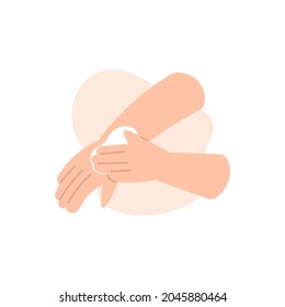 illustration of a hand applying lotion to the other hand. skin care, wearing sunscreen, moisturizing the skin. vitamin. flat cartoon style. vector design - Shutterstock ID 2045880464