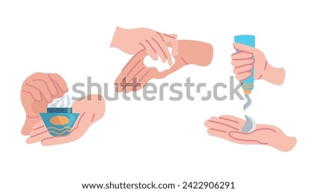 illustration of a hand applying lotion to the other hand, squeezing the cream out of the tube, and holding the jar, skin care, wearing sunscreen, moisturizing the skin, flat cartoon style.