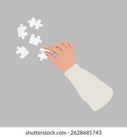 Illustration of a hand assembling puzzle pieces on a gray background. Puzzle pieces being arranged by a hand. Hand and puzzle pieces interaction. Aesthetic vector illustration.
