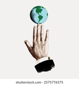 Illustration of a hand balancing a globe. The hand, wearing a suit, supports the globe. Earth, globe, and hand in harmony. Earth, globe, and hand in balance. Vintage art, isolated vector element.