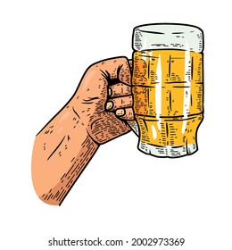 Illustration of a hand with a beer mug. Design element for poster, card, banner, menu. Vector illustration