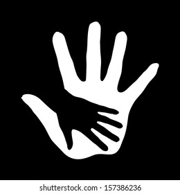 Illustration of hand in hand in black-and-white. Concept of help, assistance and cooperation.