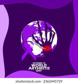 Illustration of hand bones with joint pain, earth, purple ribbon and bold text on dark purple background to commemorate World Arthritis Day on October 12