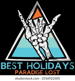 Illustration of a hand in bones making the surfer sign, accompanied by elements alluding to the beach lifestyle, fun and vacations. Patch and stitching simulation holiday season.