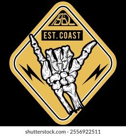 Illustration of a hand in bones making the surfer sign, accompanied by elements alluding to the beach lifestyle, fun and vacations. Patch and stitching simulation holiday season.